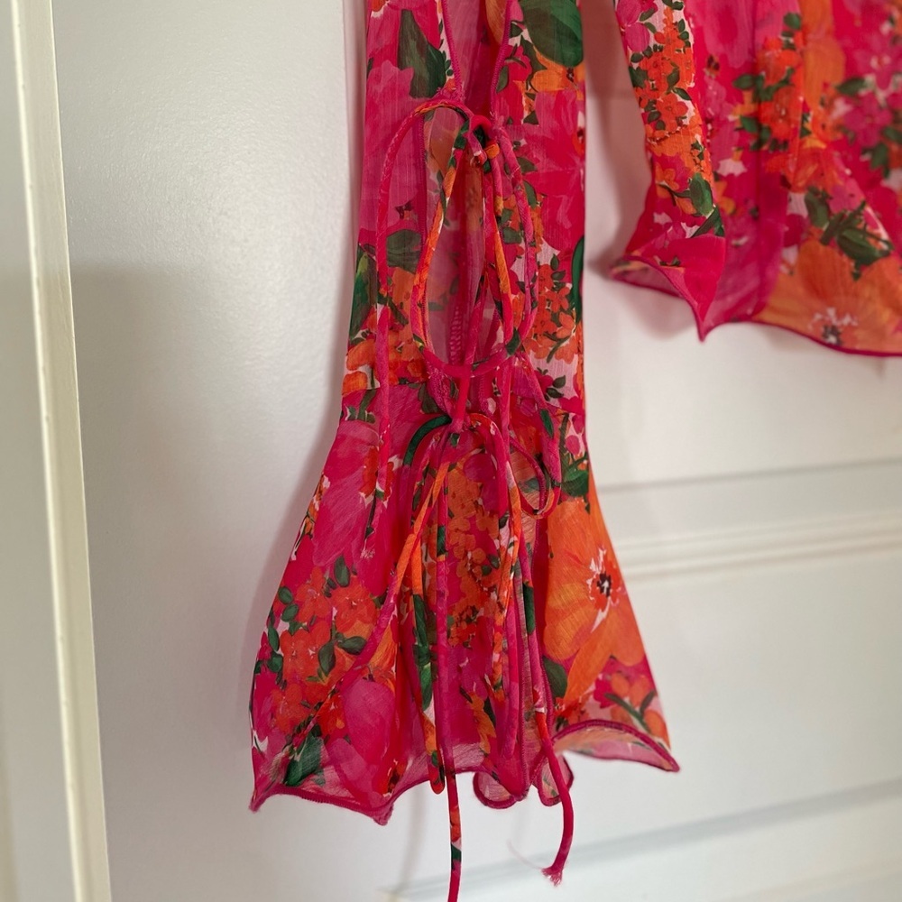 Rumored East End Electric Floral Pink Sheer Top, small - Picture 5 of 8